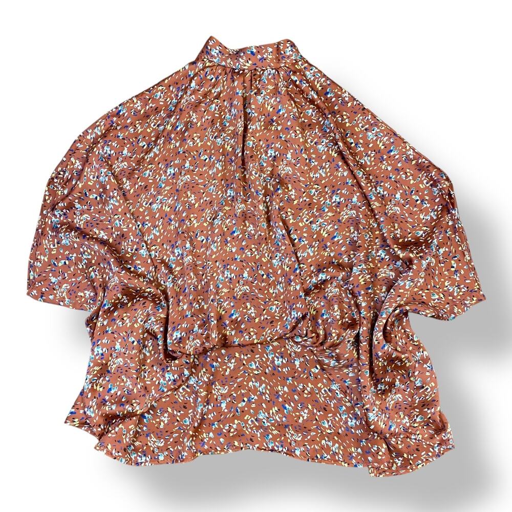 KLD Floral Tie Neck Short Sleeve Blouse Womens Size M Multicolor Boho